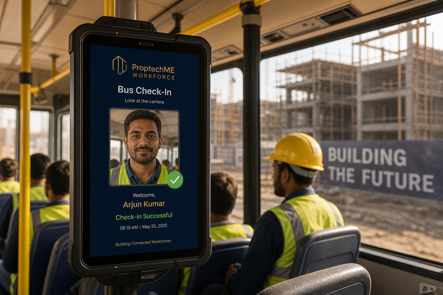 ProptechME Workforce bus face check-in kiosk on a shuttle tablet