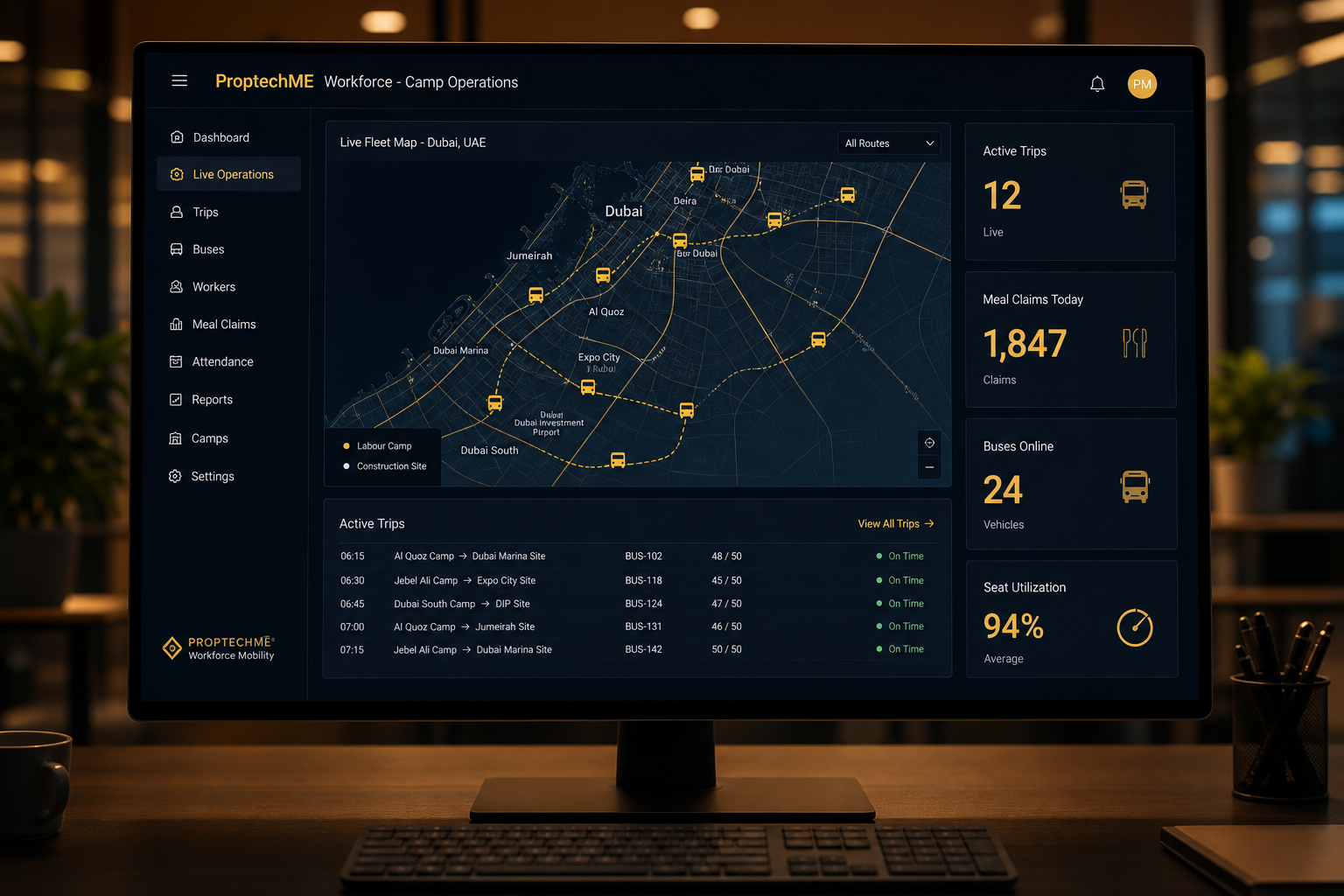 ProptechME Workforce live fleet map with shuttle buses and camp operations on Odoo